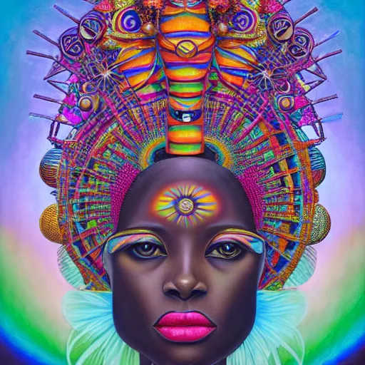 Image similar to a regal and heroic african queen with a colorful afro sitting in a cabana near a large steampunk pyramid near a pink river with a large glowing baobab tree, by amanda sage and alex grey and evgeni gordiets in a surreal psychedelic style, symmetrical, detailed eyes, oil on canvas 8k, hd