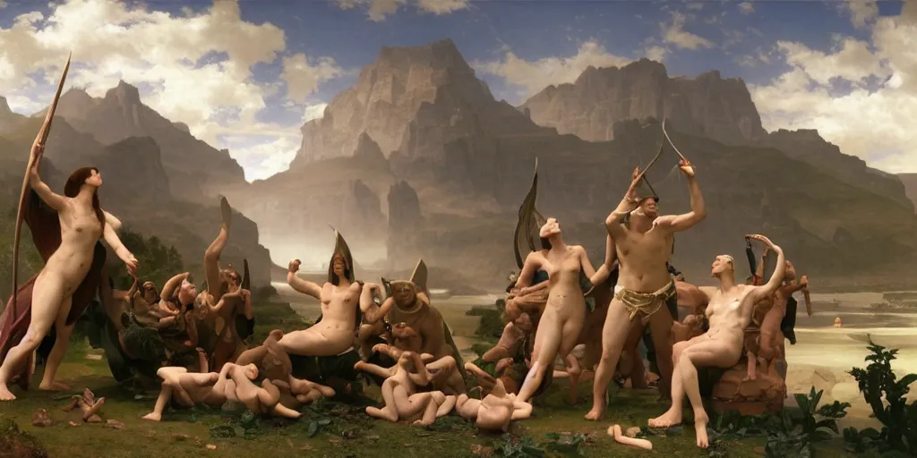 Image similar to The Great Turtle Island at the center of the Universe holding up the sky, Encircled by a Mystical Valkyrie, Anubis-Reptilian, Atlantean Warrior, Magic Fairyland, Going to the Sun Highway Glacier Park, William-Adolphe Bouguereau, Oil Painting, unreal 5, DAZ, hyperrealistic, François Boucher, octane render, Regal, Refined, Detailed Digital Art, RPG portrait, Anton Fadeev, Michael Cheval, Walt Disney (1937), Steampunk, Volumetric Golden dappled dynamic lighting, Highly Detailed, Cinematic Lighting, Unreal Engine, 8k, HD