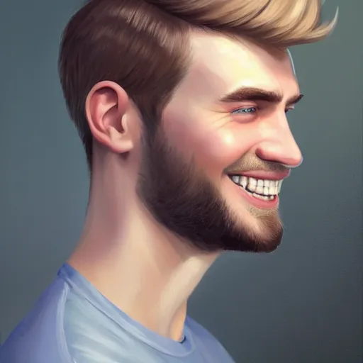 Prompt: tall chunky man in his twenties with brown blond short regular haircut and round facial structure with cleft chin, straight eyebrows, big grey blue eyes, grinning, slightly set back jaw, cheekbones, straight nose, wider face, shadow of beard, atmospheric lighting, painted, intricate, 4 k, highly detailed by charlie bowater