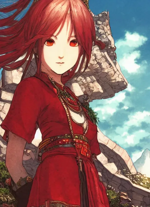 Image similar to character portrait of the ruby herald at the volcano temple, hidari, color page, tankoban, 4K, tone mapping, Akihiko Yoshida.