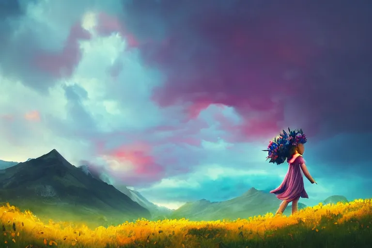 Image similar to giant dahlia flower crown under head, girl walking on mountain, surreal photography, colorful storm clouds, dramatic sunset, impressionist painting, digital painting, artstation, simon stalenhag