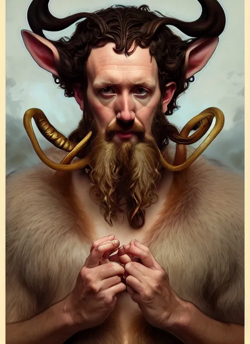 Image similar to portrait of alex horne as a satyr, d & d, fantasy, intricate, elegant, highly detailed, digital painting, artstation, concept art, smooth, sharp focus, illustration, art by artgerm and greg rutkowski and alphonse mucha