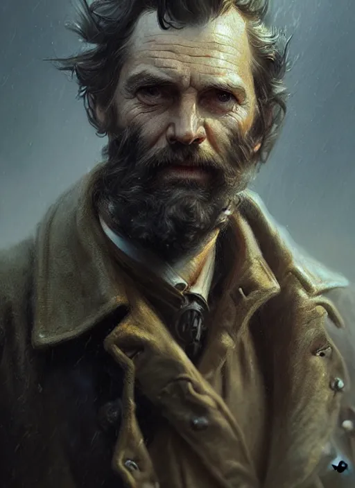 Prompt: portrait of a rugged sea captain in a trenchcoat, victorian, concept art, detailed face, fantasy, close up face, highly detailed, cinematic lighting, digital art painting by greg rutkowski