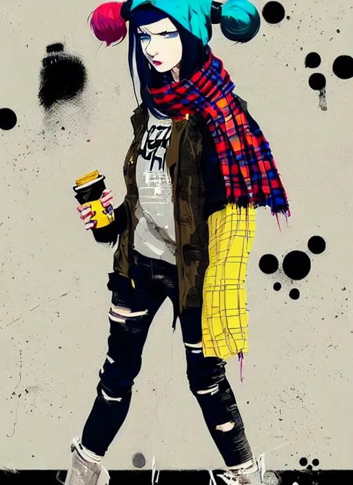 Image similar to highly detailed portrait of a sewer punk lady student, blue eyes, tartan hoodie and scarf, white hair by atey ghailan, by greg rutkowski, by greg tocchini, by james gilleard, by joe fenton, by kaethe butcher, gradient yellow, black, brown and pink color scheme, grunge aesthetic!!! ( ( graffiti tag wall background ) )