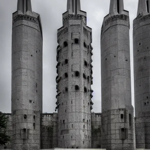 Image similar to a sci - fi beautiful brutalist monumental castle, with many towers sprouting from the base tower creating a complex and unique geometric building, photography