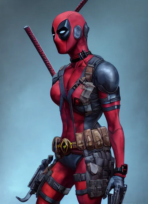 Image similar to female deadpool, naturel, hyper detailed, digital art, trending in artstation, cinematic lighting, studio quality, smooth render, unreal engine 5 rendered, octane rendered, art style by klimt and nixeu and ian sprigger and wlop and krenz cushart