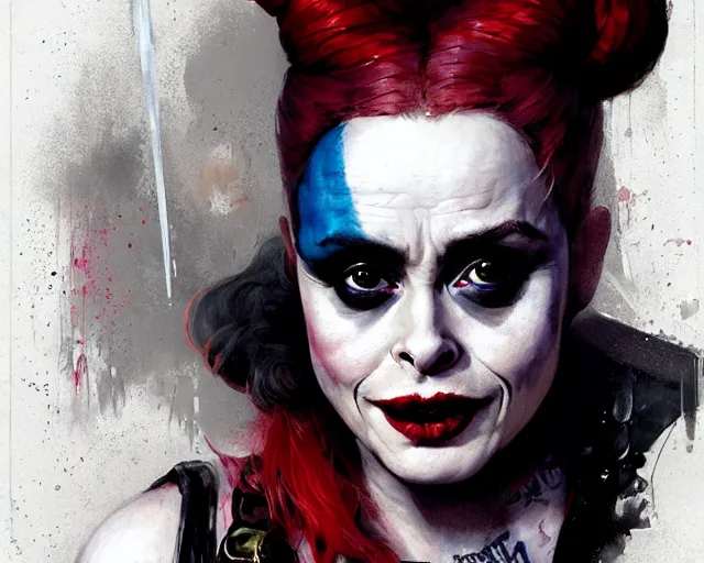 Image similar to highly detailed portrait of helena bonham carter as harley quinn, in batman : arkham knight, stephen bliss, unreal engine, fantasy art by greg rutkowski, loish, rhads, ferdinand knab, makoto shinkai and lois van baarle, ilya kuvshinov, rossdraws, tom bagshaw, global illumination, radiant light, detailed and intricate environment