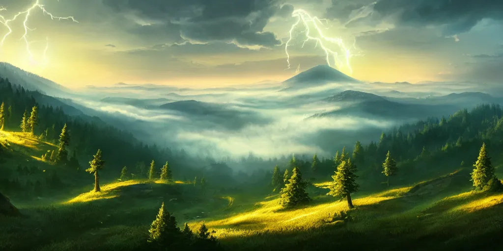 Prompt: fantastic scenery landscape from the top of the mountain, pine trees, green valleys, magic fog and lightning, epic composition, fibonacci ratio, golden ratio, fancy, incredible detailed game artwork, sharpen and ultra quality, trending, artstation, behance, wikiart, 8 k