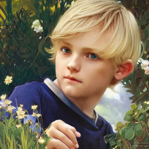 Image similar to a cute seven year old boy with short tousled blonde hair and blue eyes in a lovely garden, beautiful painting by artgerm and greg rutkowski and alphonse mucha, highly detailed face