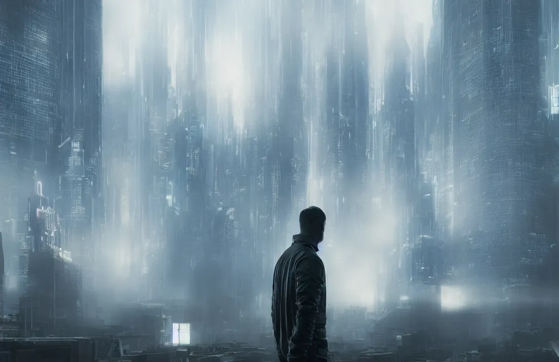 Prompt: man in front of a foggy view of cyberpunk style future city, a hyper realistic professional photographic view,very beautiful scenery, very realistic painting effect, hd, hdr, cinematic 4k wallpaper, 8k, ultra detailed, high resolution,