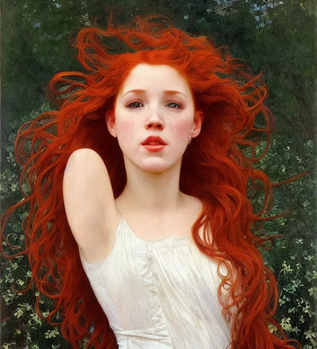 Prompt: intricate art nouveau portrait oil painting of redheaded young molly ringwald with long red hair blowing in the wind, mouth open, wearing a thin white dress, in front of a carved screen, elegant, digital painting, smooth, sharp focus, illustration, ultra realistic, 8 k, by bouguereau, alphonse mucha, artgerm, and donato giancola