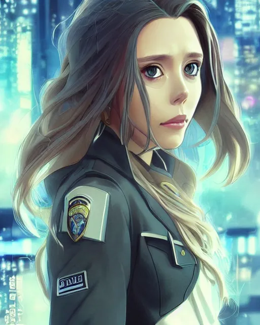 Prompt: anime key visual of elizabeth olsen police officer, cyberpunk, futuristic, perfect eyes!!, stunning features, perfect face!!, high details, digital painting, artstation, smooth face, soft focus, illustration, art by artgerm and greg rutkowski and alphonse mucha