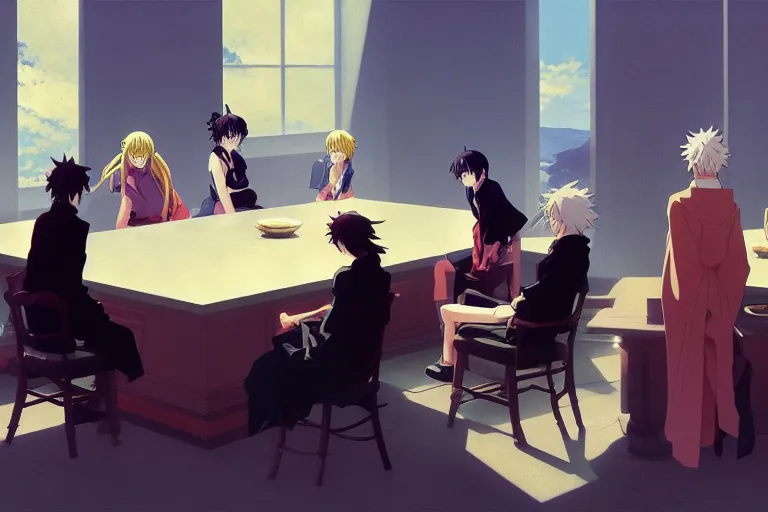 Image similar to anime key visual of seven deities sitting at a marble table, holy golen aura, style of jamie wyeth james gilleard edward hopper greg rutkowski acrylic painting, preserved museum piece, historical