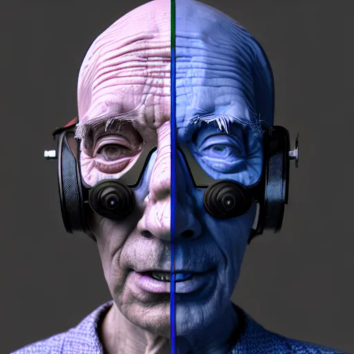 Image similar to Colour Photography of 1000 years old man with highly detailed 1000 years old face wearing higly detailed cyberpunk VR Headset designed by Josan Gonzalez . in style of Josan Gonzalez and Johannes Vermeer and Mike Winkelmann and Caspar David Friedrich. Rendered in Blender