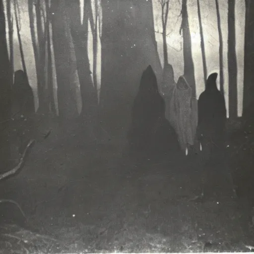 Image similar to shadow people at an occult alter in the woods vintage photo