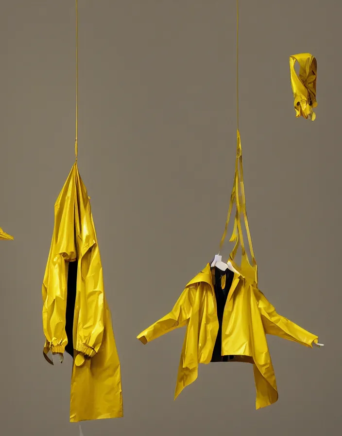 Image similar to a lone yellow zara raincoat flying hanging mid - air on a glittering rainy display designed by james terrell, we anderson