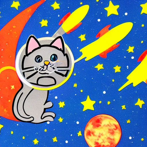 Image similar to a cat on a rocket in outerspace going to mars