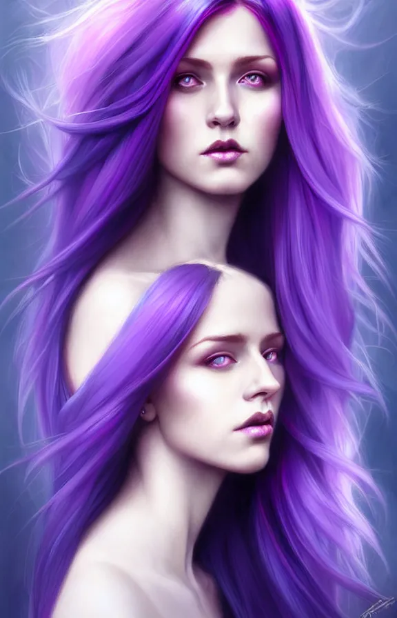 Image similar to Purple hair relistic Portrait of a woman with bright colored flying hair, all shades of purple. Hair coloring, long hair, blue eyes, fantasy, intricate, elegant, highly detailed, digital painting, artstation, concept art, smooth, sharp focus, illustration, art by artgerm and greg rutkowski and alphonse mucha