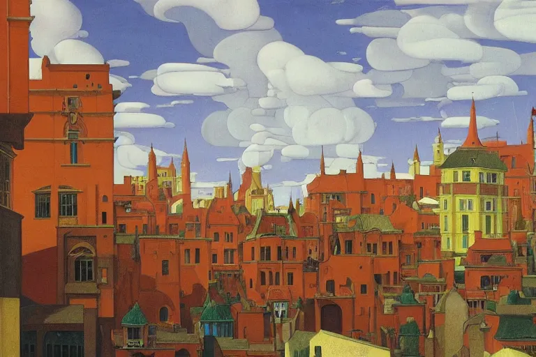 Image similar to view of the old city and its tree-lined winding streets still wet after a storm, tall windows lit up, beautiful ornamental architecture, dramatic cinematic lighting, rich colors, by Nicholas Roerich and and William Dyce and ford madox brown and April Gornik and Sylvain Sarrailh and Ludwig Deutsch, featured on artstation