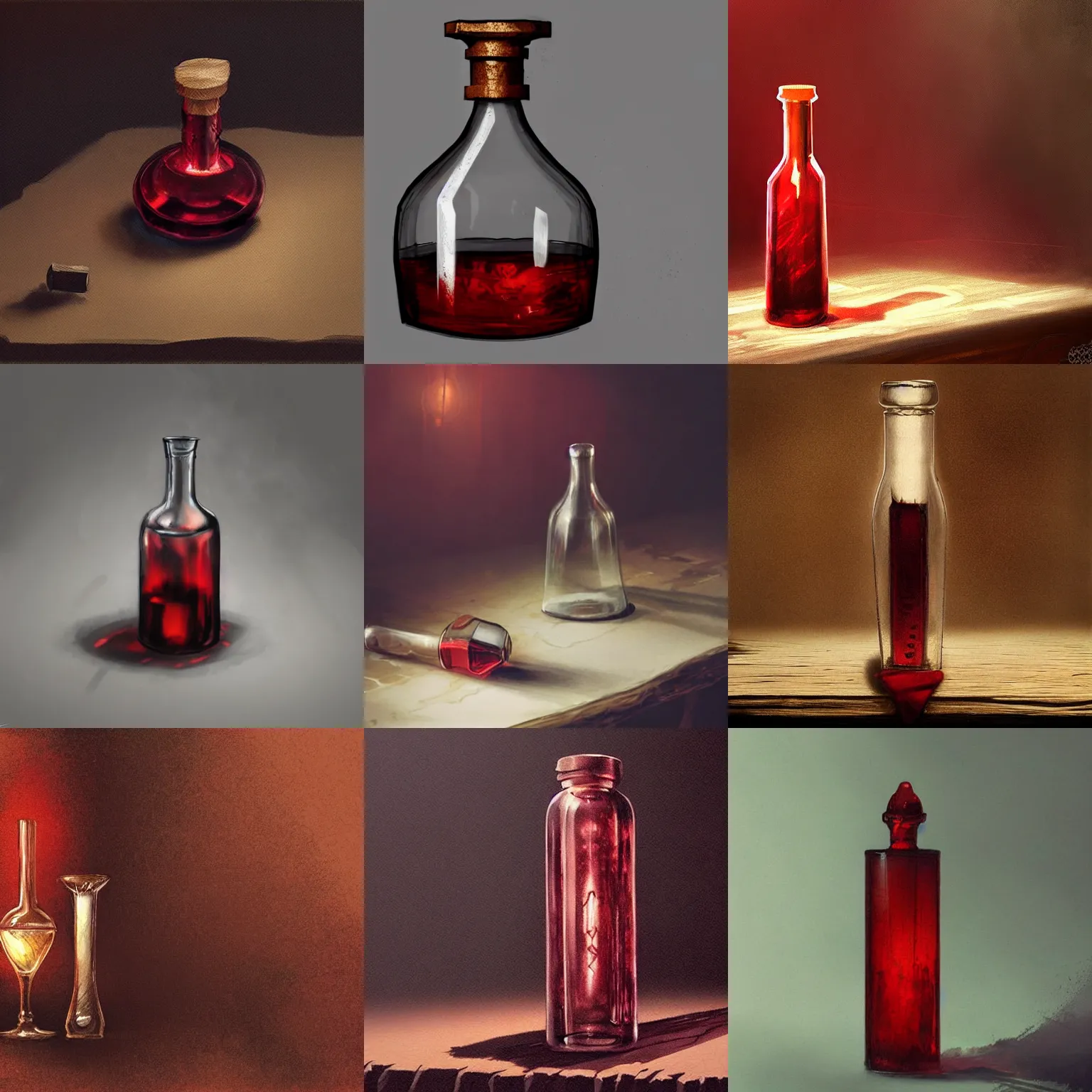 Prompt: a glass vial of magical red potion on a wood table, caustics, concept art by greg rutkowski trending on artstation