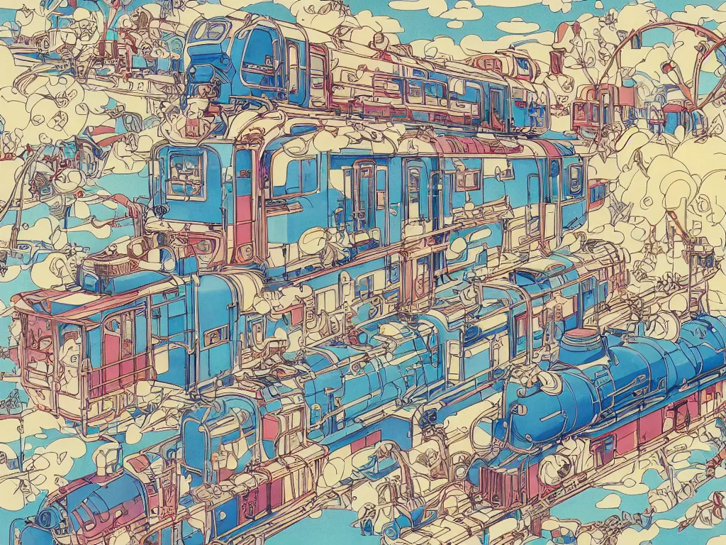 Image similar to colorful blueprint sideview of a anime train, illustration, concept art, autumn light, colorful, beautiful, studio ghibli, hayao miyazaki, takashi murakami, manga, cute and adorable