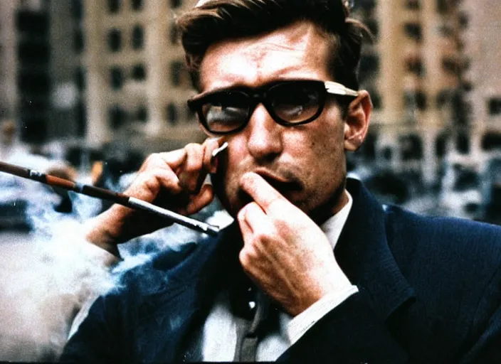 Image similar to color photo. stock market. handsome man smoking a cigarette in the 8 0's