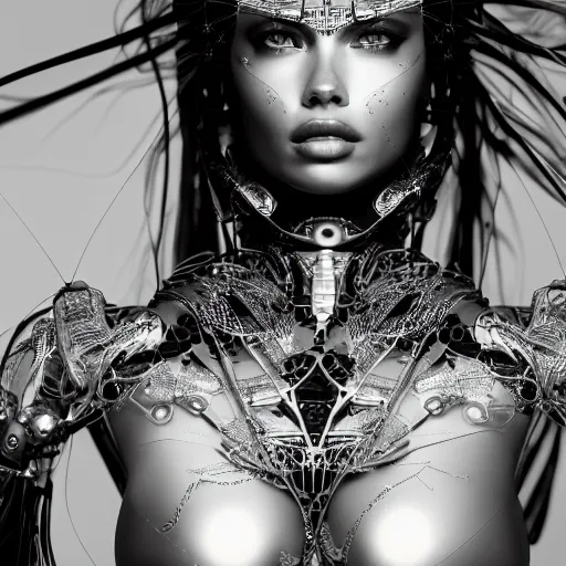 Prompt: beautiful Fine art photo portrait of enraptured Adriana Lima as a solarpunk robotic goddess, white mechanical parts with led lights, photorealistic, white background, highly detailed and intricate, sun lighting, 8k