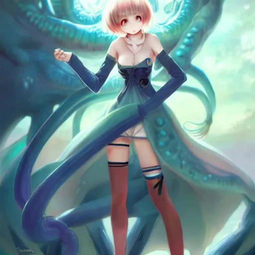 Image similar to cthulhu humanisation as a cute anime girl, by rossdraws, wlop, boris vallejo, gil elvgren