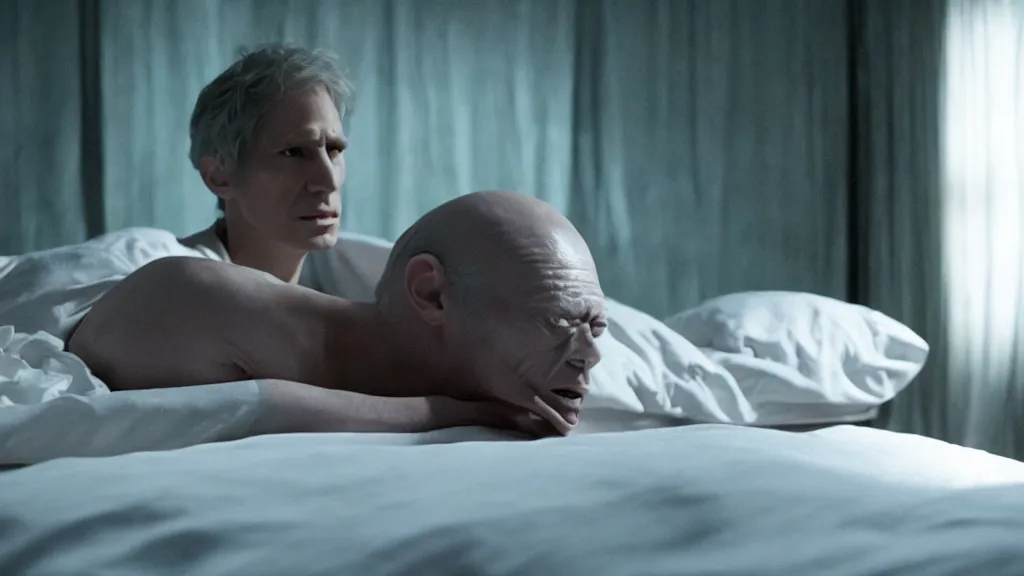 Image similar to the strange creature in the bed, film still from the movie directed by denis villeneuve and david cronenberg with art direction by wayne barlow