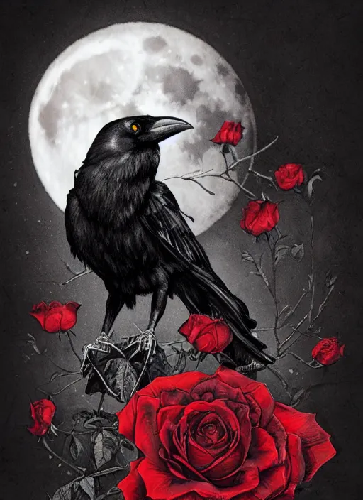 Image similar to portrait, A crow with red eyes in front of the full big moon, book cover, red roses, red white black colors, establishing shot, extremly high detail, foto realistic, cinematic lighting, pen and ink, intricate line drawings, by Yoshitaka Amano, Ruan Jia, Kentaro Miura, Artgerm, post processed, concept art, artstation, matte painting, style by eddie mendoza, raphael lacoste, alex ross