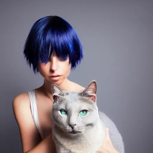 Image similar to A beautiful woman with blue short bob hair with bangs holding a grey and white cat, full body portrait, highly detailed, excellent composition, dramatic lighting, realistic 4k