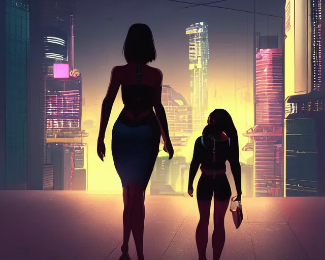 Image similar to a woman standing in front of a city at night, cyberpunk art by ilya kuvshinov, cgsociety, retrofuturism, ilya kuvshinov, artstation hd, artstation hq