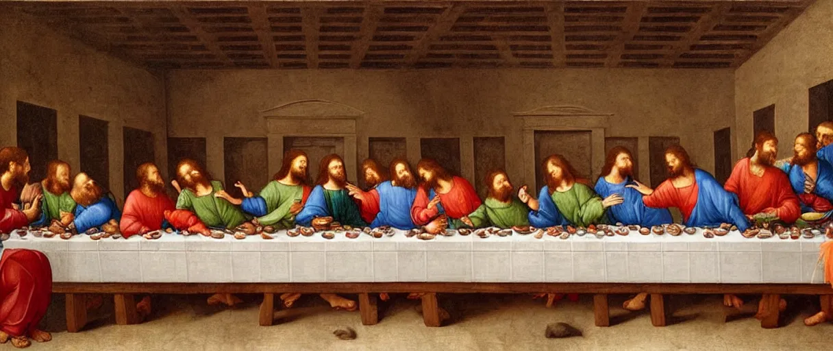 Prompt: the last supper but everyone is an animal. Painting in the style of Leonardo Da Vinci