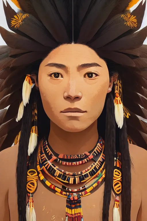 Image similar to woman of huaorani amazon ecuadorian tribe, finely detailed perfect face, exquisite details, fire magic, mid view, design on a white background, by studio muti, greg rutkowski makoto shinkai takashi takeuchi studio ghibli