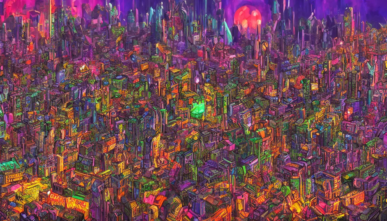 Image similar to surreal colorful nightmarish cityscape, 4k artwork by Ralph Bakshi