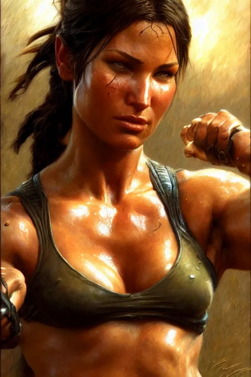 Image similar to muscular sweat lara croft, exhausted face close up, highly detailed painting by gaston bussiere, craig mullins, j. c. leyendecker 8 k