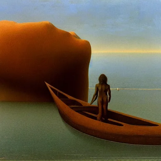 Prompt: a huge creature looking at a boat zdzisław beksiński