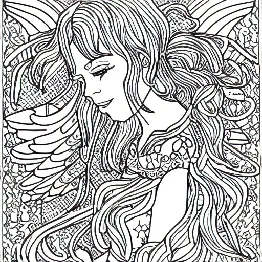 Prompt: an adult coloring page of fairies