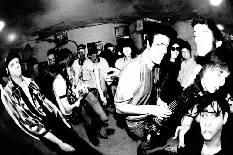 Prompt: elvis presley grindcore show, basement, fisheye lens, san diego 2002