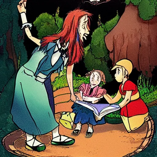 Prompt: colored illustration for alice in wonderland, in style of studio ghibli