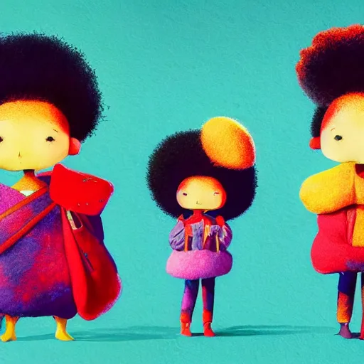 Prompt: a black girl with a colorful afro and big beautiful eyes dressed like a samurai, bright colours, watercolor, volumetric wool felting, macro photography, children illustration, by goro fujita