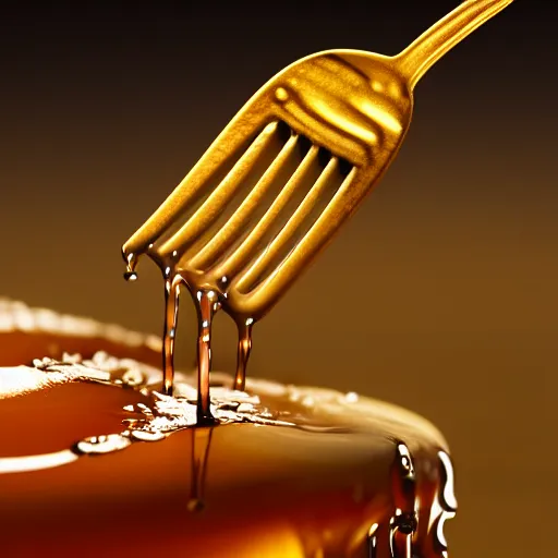 Image similar to A beautiful hyper realistic ultra detailed lifelike cinematic still of fork covered in dripping honey, unreal engine, deviantart, flickr, artstation, octane render, textured, colorful, extreme realistic detail, physically based rendering, pbr render, very detailed, volumetric lighting, detailed lighting, octane render, 4k, cinematic lighting, 8k resolution