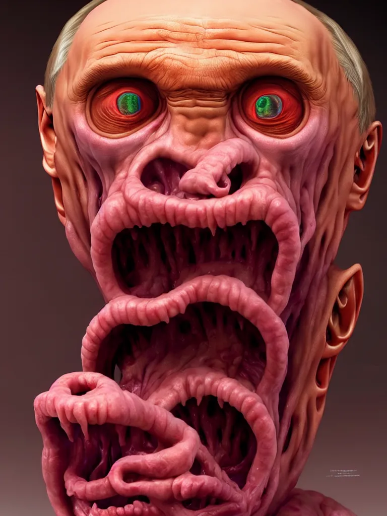 Image similar to hyperrealistic rendering, fat smooth cronenberg flesh monster vladimir putin by donato giancola and greg rutkowski and wayne barlow and zdzisław beksinski, eyeballs, product photography, action figure, sofubi, studio lighting, colored gels, colored background