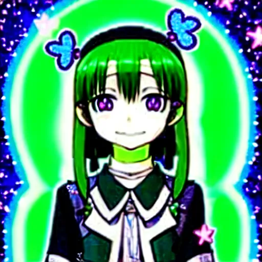 Image similar to a hologram of moe styled green haired yotsuba koiwai with an anonymous mask, wearing a gothic lolita decora spiked jacket, background full of lucky clovers and shinning stars, holography, irridescent