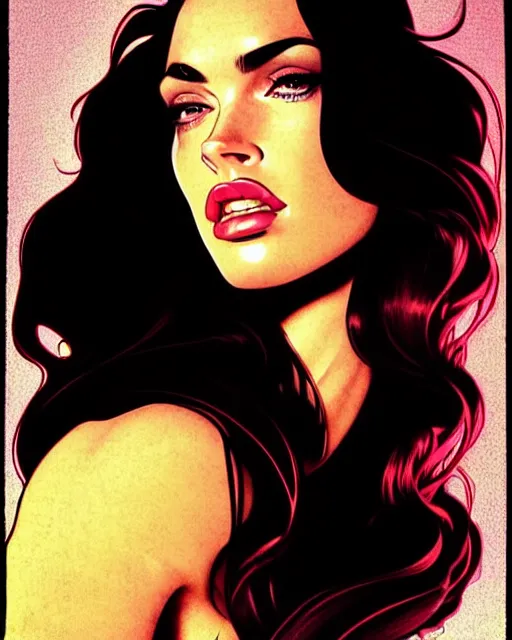 Image similar to low angle closeup beautiful very seductive megan fox retro scifi pinup, action glamour pose, windblown dark hair, hyper detailed, digital art, studio lighting, smooth, ambient volumetric lighting, sharp focus, frank miller, wlop, anna dittmann, moebius!, alphonse mucha, patrick nagle!!, rim lighting, synthwave