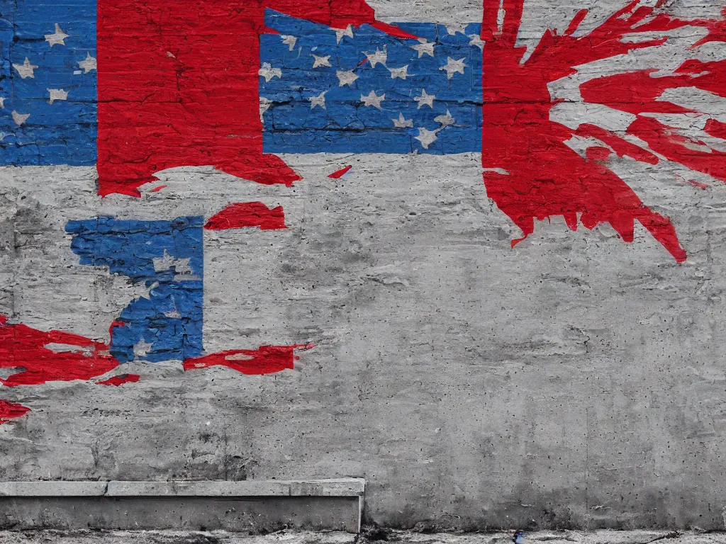 Image similar to an old cinder block wall on the side of a city building painted with a hyperrealistic american flag, cracked paint, aging