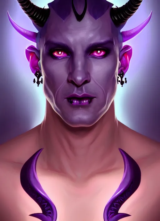 Image similar to symmetry!! portrait of a male purple and teal skinned tiefling with demon horns and piercings, glowing lights!! intricate, elegant, highly detailed, digital painting, artstation, concept art, smooth, sharp focus, illustration, art by artgerm and greg rutkowski and alphonse mucha