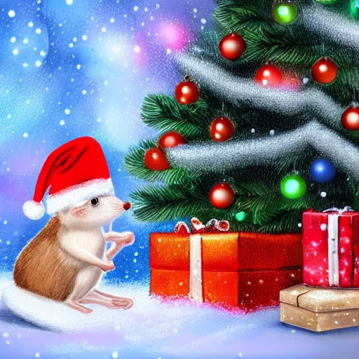 Image similar to cute fluffy mouse sitting by a christmas tree with lights and ornaments and snow detailed painting 4 k