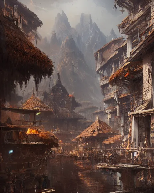 Prompt: a trading center used by the ancient tribes, considered one of the most dangerous places in the world, environment art, fantasy art, landscape art, in the style of greg rutkowski, illustration, epic, fantasy, intricate, hyper detailed, artstation, concept art, smooth, sharp focus, ray tracing