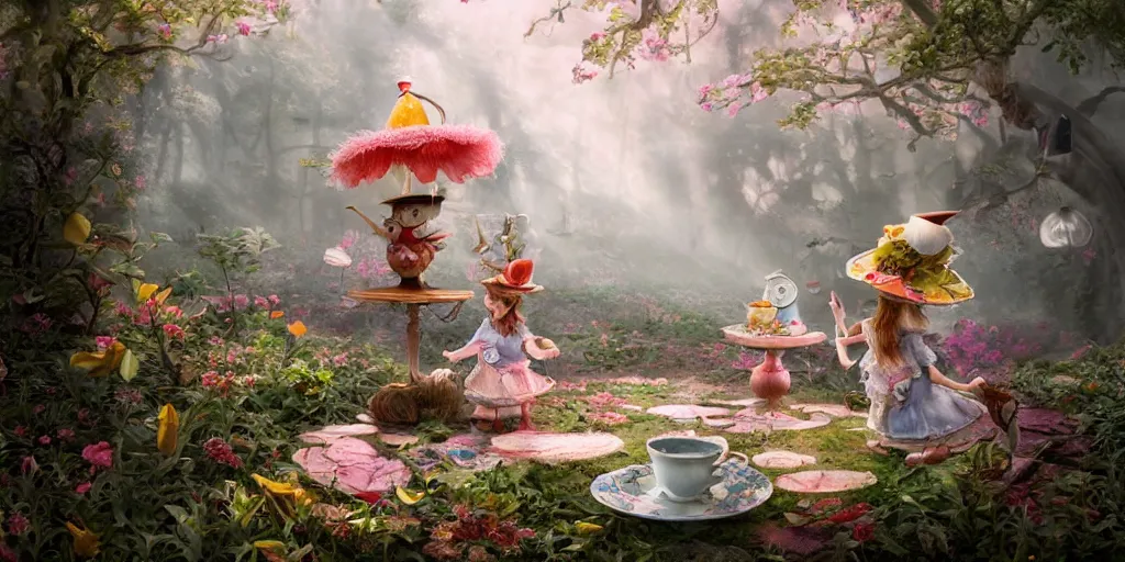 Prompt: an insanely detailed watercolor painting of alice in wonderland tea with mad hat 3 d, mistic atmosphere, cute, octane render, redshift render, intricate, insanely detailed, morning light, ambient occlusion, sub surface scattering, well rendered